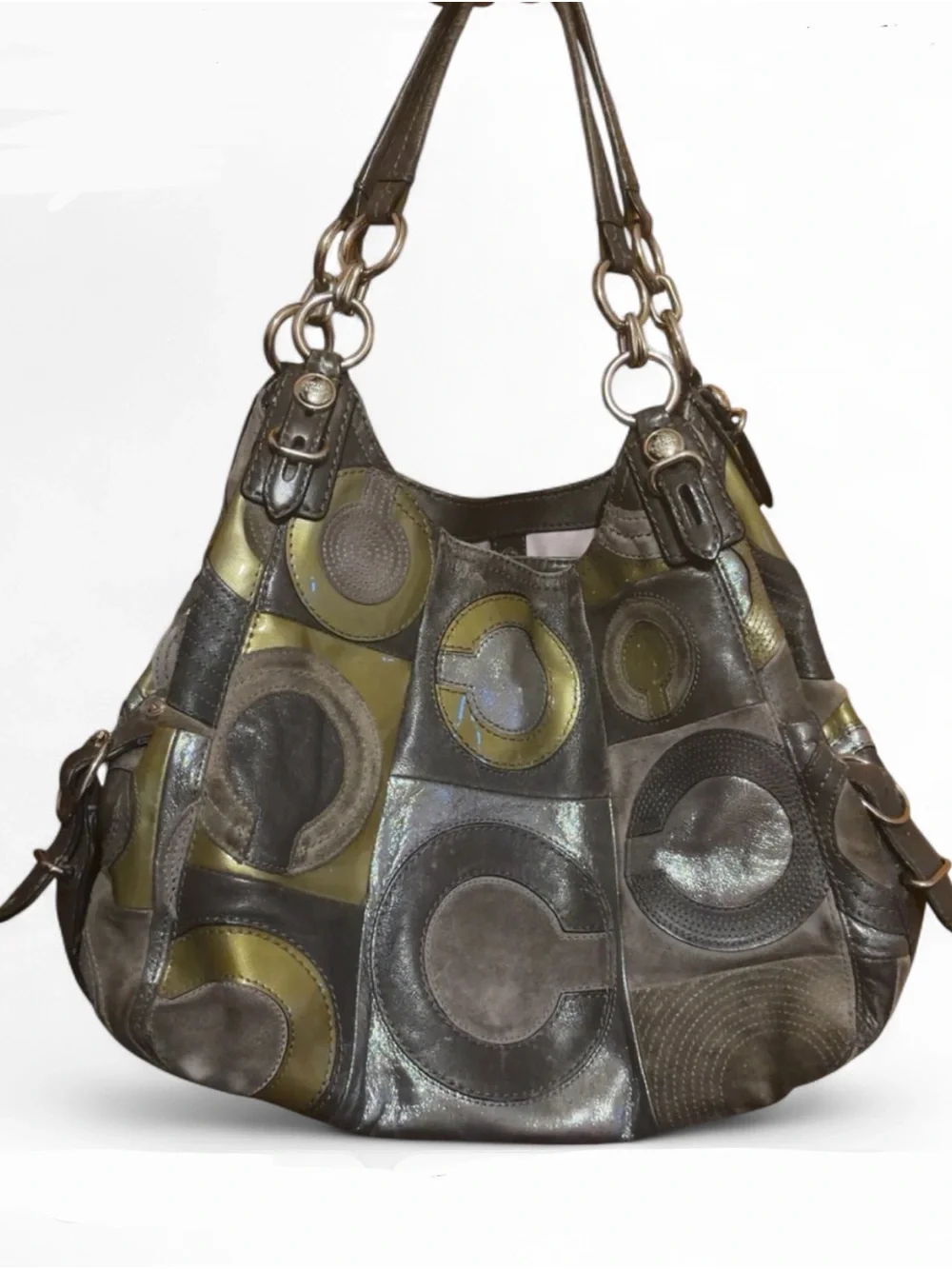 Coach Patchwork Circle Leather Hobo Madison Mia Bag Olive/Brown - Picture 1 of 5